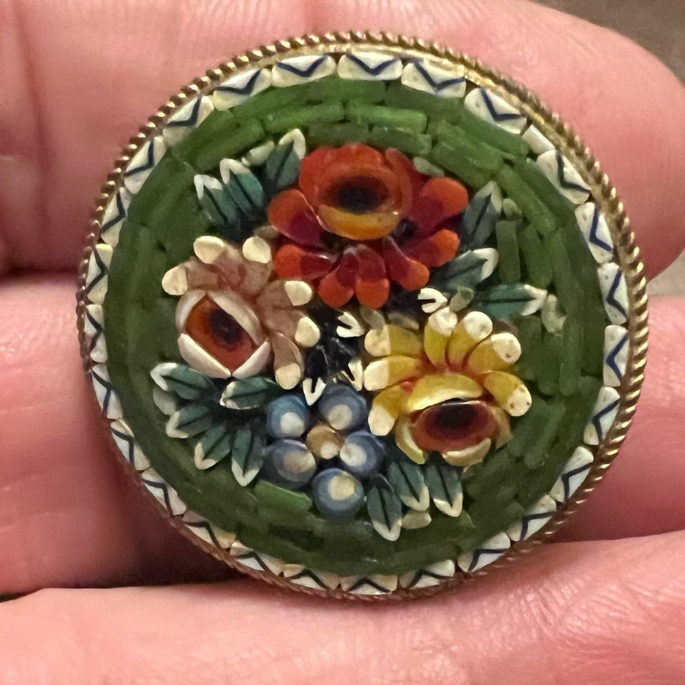 Vintage Micro Mosaic Floral Brooch - Handcrafted Italy Glass Brass Round